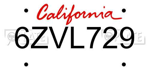6ZVL729 California License Plate