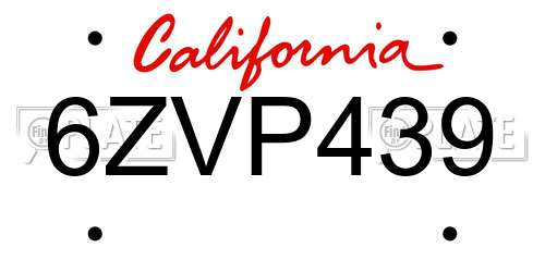 6ZVP439 California License Plate