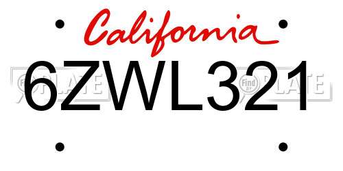 6ZWL321 California License Plate