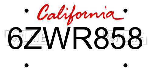 6ZWR858 California License Plate