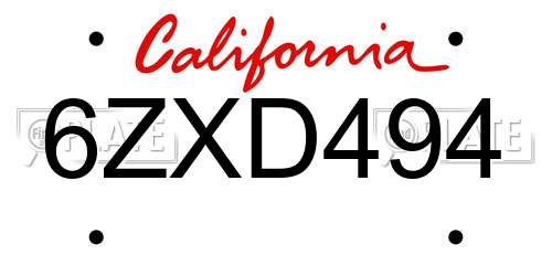 6ZXD494 California License Plate