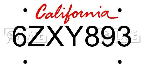 6ZXY893 California License Plate