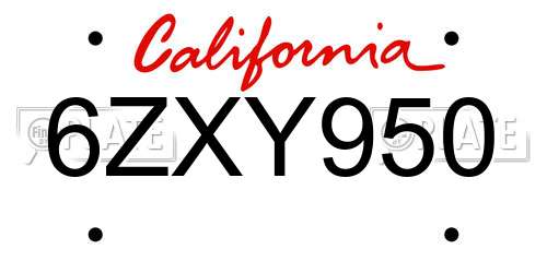 6ZXY950 California License Plate