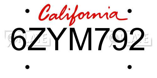 6ZYM792 California License Plate