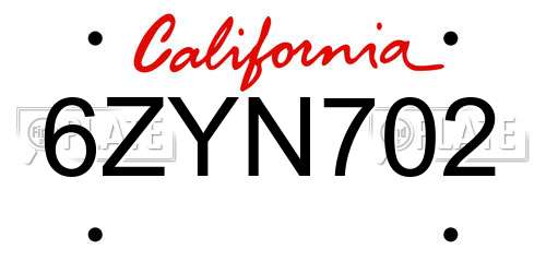 6ZYN702 California License Plate