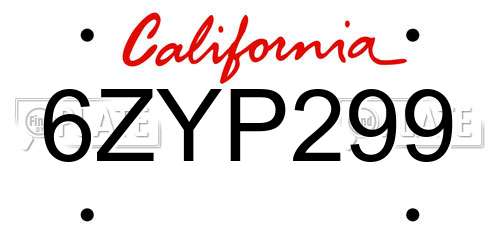 6ZYP299 California License Plate