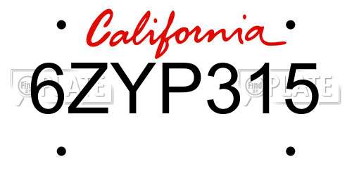 6ZYP315 California License Plate