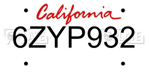 6ZYP932 California License Plate