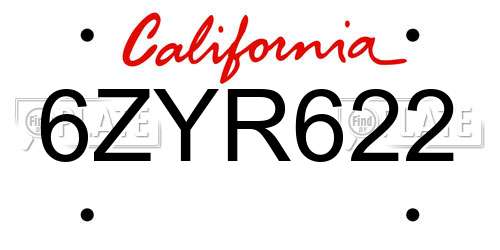 6ZYR622 California License Plate