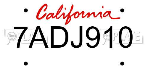 7ADJ910 California License Plate