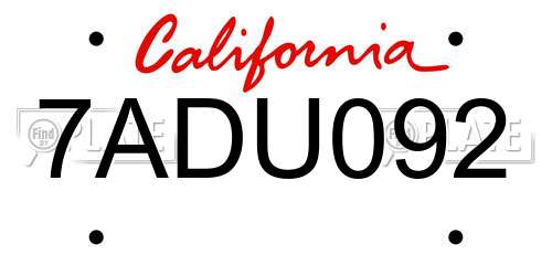 7ADU092 California License Plate