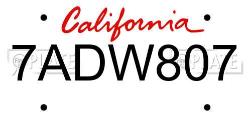 7ADW807 California License Plate