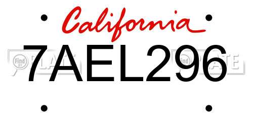 7AEL296 California License Plate