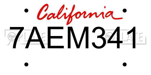 7AEM341 California License Plate