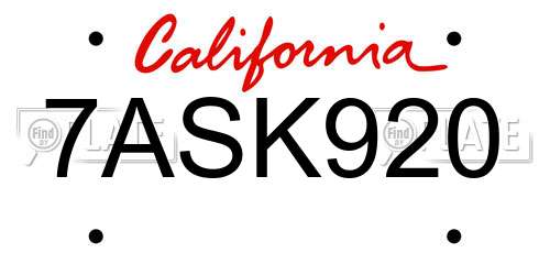 7ASK920 California License Plate