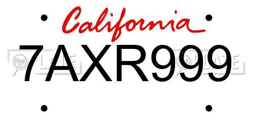 7AXR999 California License Plate