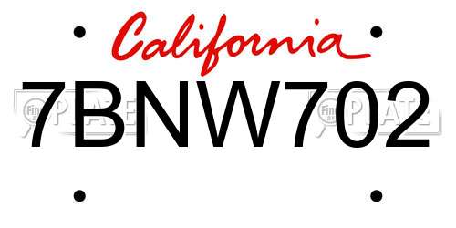 7BNW702 California License Plate