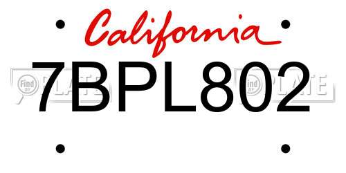 7BPL802 California License Plate
