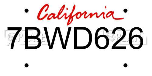 7BWD626 California License Plate