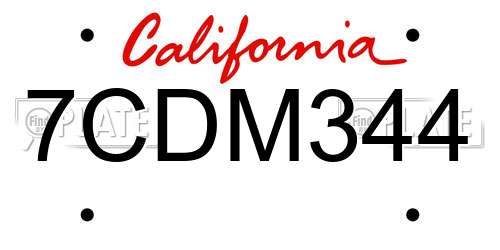 7CDM344 California License Plate