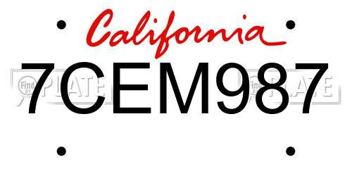 7CEM987 California License Plate