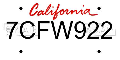 7CFW922 California License Plate