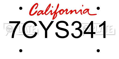 7CYS341 California License Plate