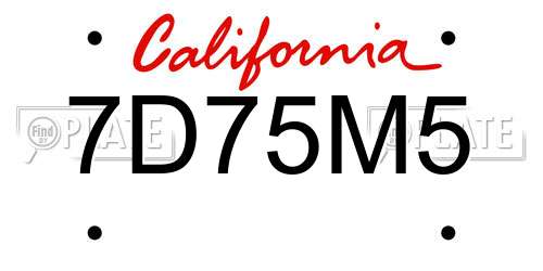 7D75M5 California License Plate