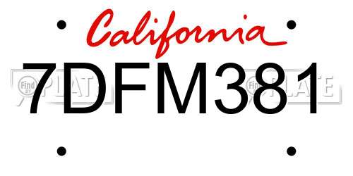 7DFM381 California License Plate
