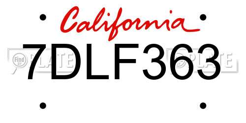 7DLF363 California License Plate