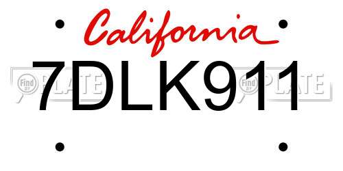 7DLK911 California License Plate