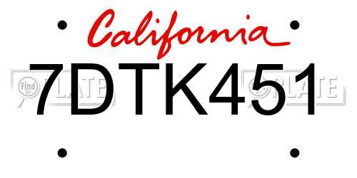 7DTK451 California License Plate