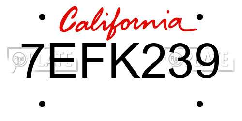 7EFK239 California License Plate