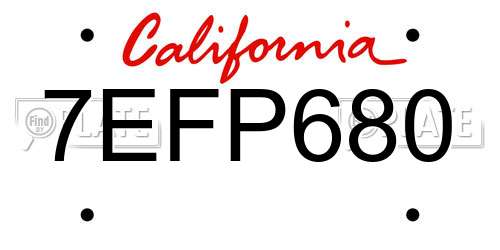 7EFP680 California License Plate