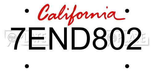 7END802 California License Plate