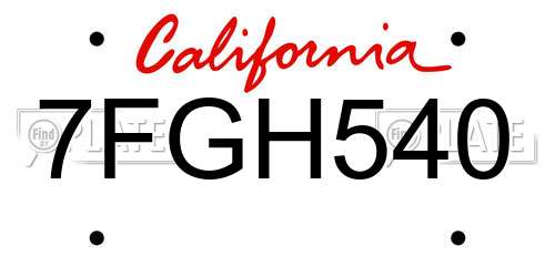 7FGH540 California License Plate