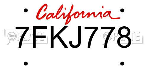 7FKJ778 California License Plate