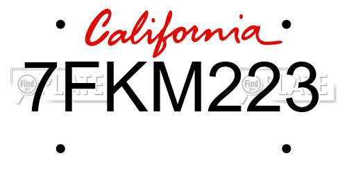 7FKM223 California License Plate