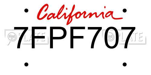 7FPF707 California License Plate