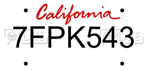 7FPK543 California License Plate