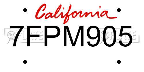 7FPM905 California License Plate