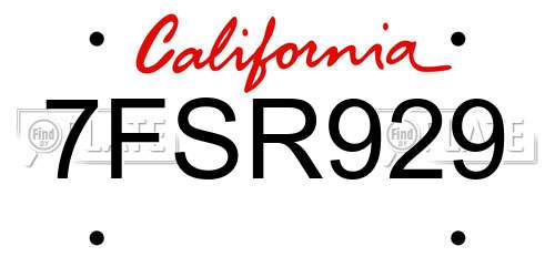7FSR929 California License Plate