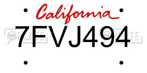 7FVJ494 California License Plate