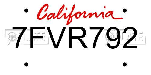 7FVR792 California License Plate