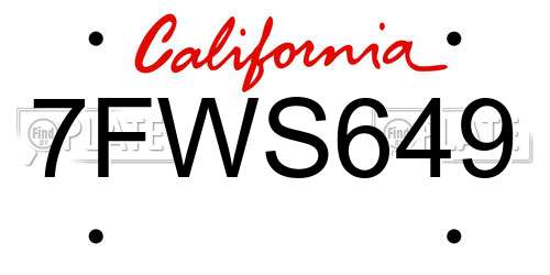 7FWS649 California License Plate