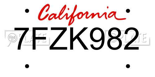 7FZK982 California License Plate