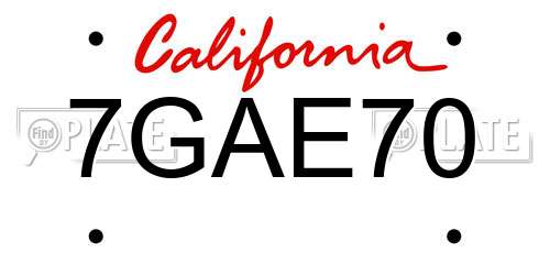 7GAE70 California License Plate