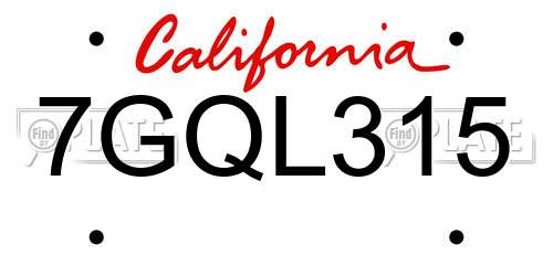7GQL315 California License Plate