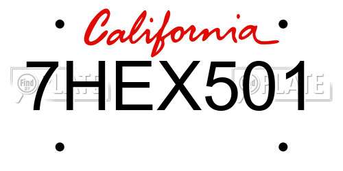 7HEX501 California License Plate