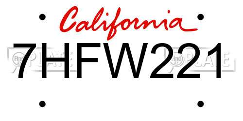 7HFW221 California License Plate